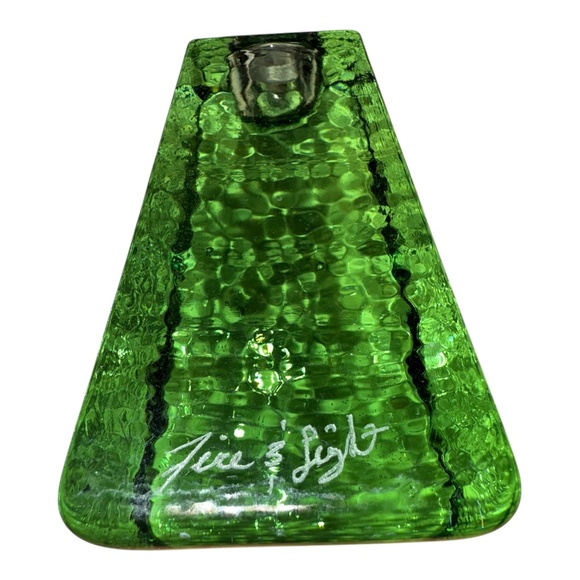 Fire & Light Green Taper Candle Holder Signed 4” - Picture 2 of 2